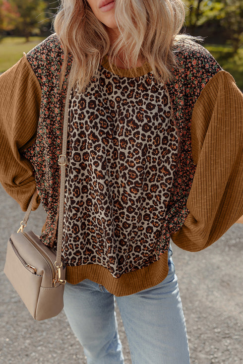 Ribbed Patchwork Puff Sleeve Mixed Print Pullover Top