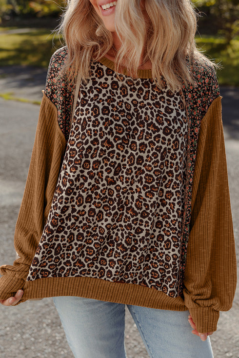 Ribbed Patchwork Puff Sleeve Mixed Print Pullover Top