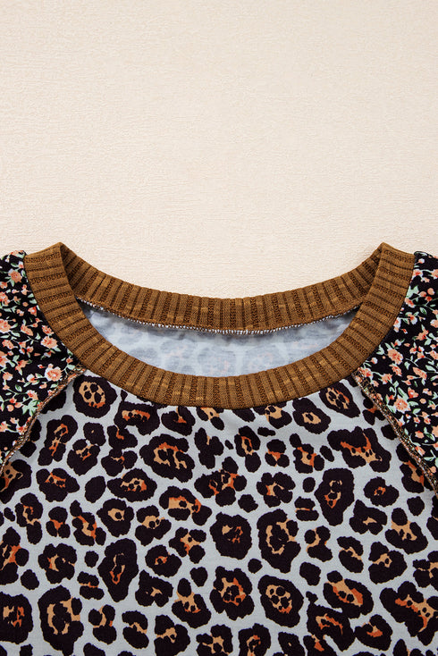 Ribbed Patchwork Puff Sleeve Mixed Print Pullover Top