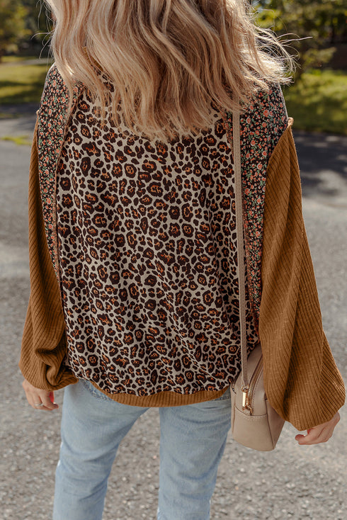 Ribbed Patchwork Puff Sleeve Mixed Print Pullover Top
