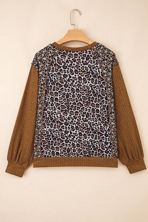 Ribbed Patchwork Puff Sleeve Mixed Print Pullover Top