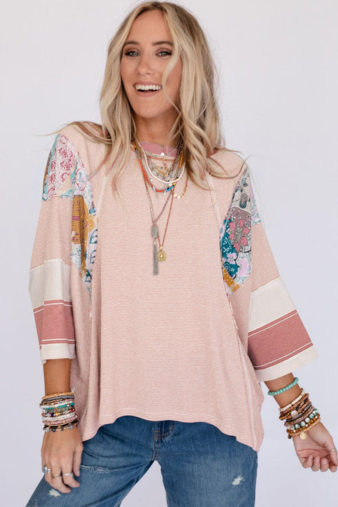 Ribbed Patchwork Striped Oversized Long Sleeve Top