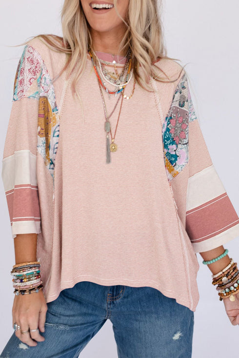 Ribbed Patchwork Striped Oversized Long Sleeve Top