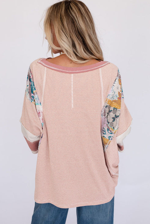 Ribbed Patchwork Striped Oversized Long Sleeve Top