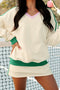 Ribbed Patchwork Trim Sporty V Neck Two Piece Set