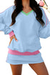 Ribbed Patchwork Trim Sporty V Neck Two Piece Set