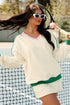 Ribbed Patchwork Trim Sporty V Neck Two Piece Set