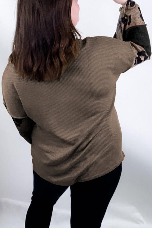 Ribbed Patchwork V Neck Loose Long Sleeve Top