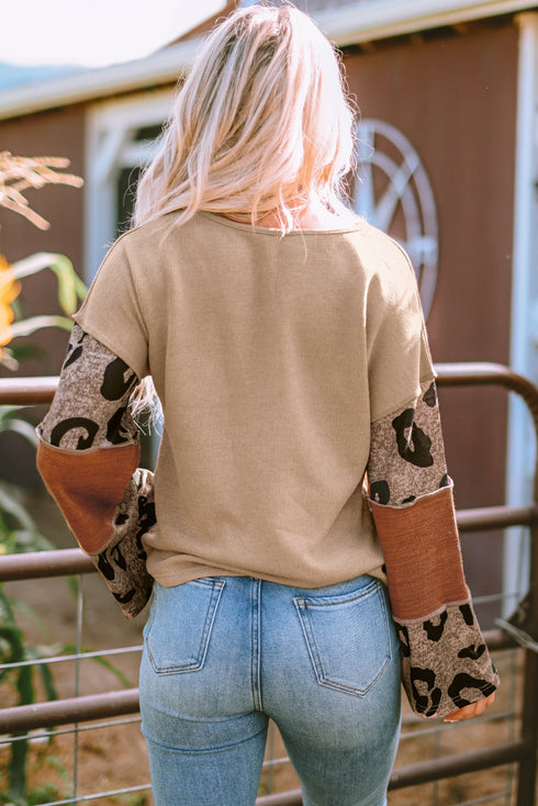 Ribbed Patchwork V Neck Loose Long Sleeve Top