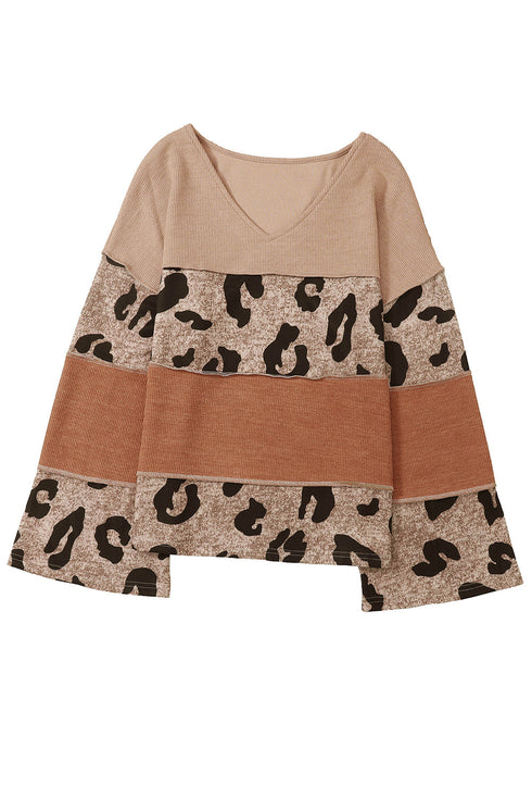 Ribbed Patchwork V Neck Loose Long Sleeve Top