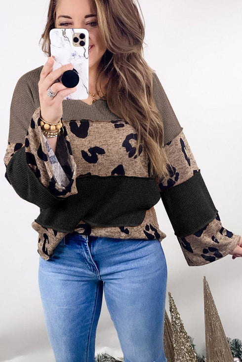Ribbed Patchwork V Neck Loose Long Sleeve Top