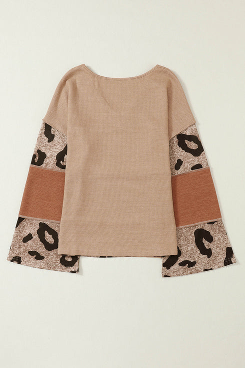 Ribbed Patchwork V Neck Loose Long Sleeve Top