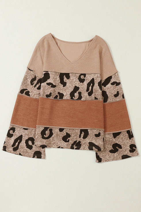 Ribbed Patchwork V Neck Loose Long Sleeve Top