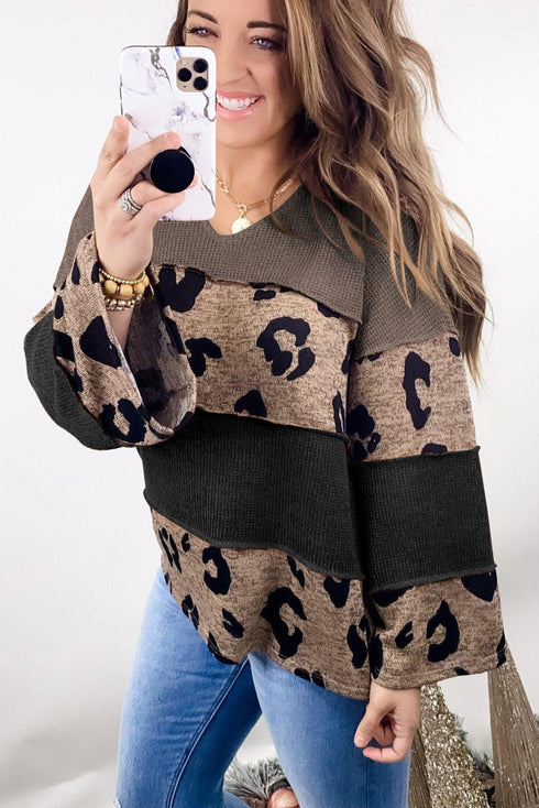 Ribbed Patchwork V Neck Loose Long Sleeve Top