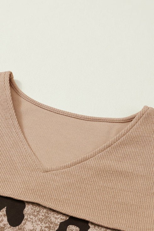 Ribbed Patchwork V Neck Loose Long Sleeve Top