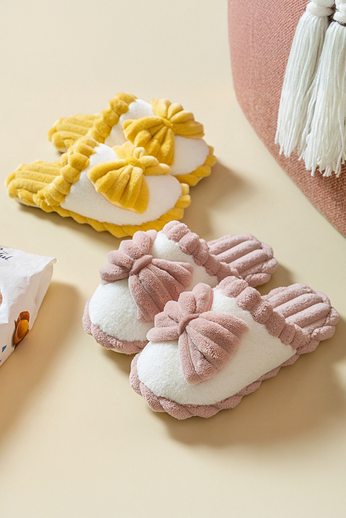 Ribbed Plush Bow Detail Slip On Home Slippers