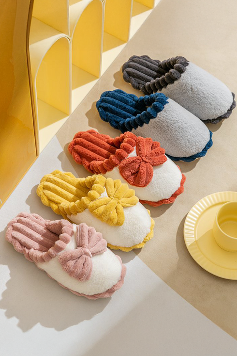 Ribbed Plush Bow Detail Slip On Home Slippers