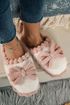 Ribbed Plush Bow Detail Slip On Home Slippers