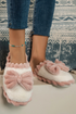 Ribbed Plush Bow Detail Slip On Home Slippers