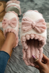 Ribbed Plush Bow Detail Slip On Home Slippers