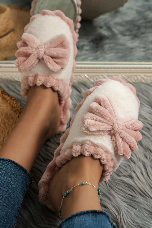 Ribbed Plush Bow Detail Slip On Home Slippers