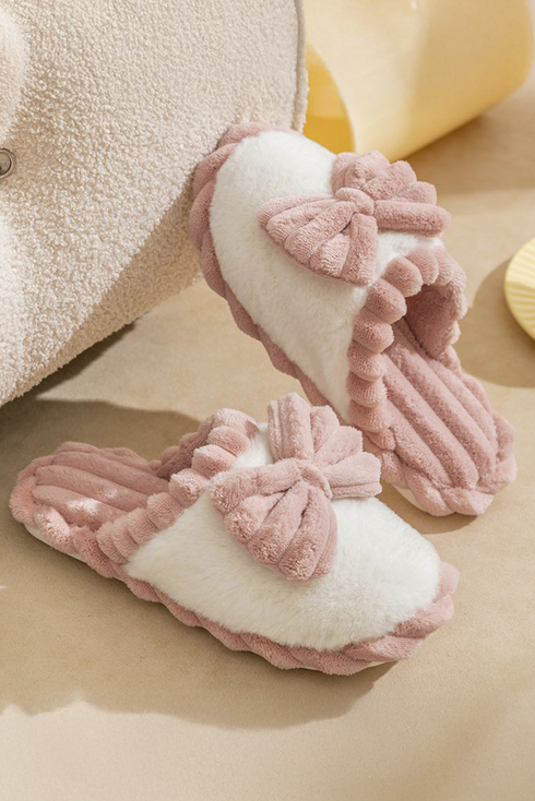 Ribbed Plush Bow Detail Slip On Home Slippers