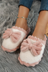 Ribbed Plush Bow Detail Slip On Home Slippers