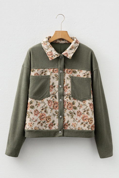 Ribbed Retro Floral Patchwork Corduroy Shirt Jacket