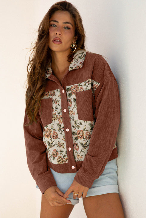 Ribbed Retro Floral Patchwork Corduroy Shirt Jacket