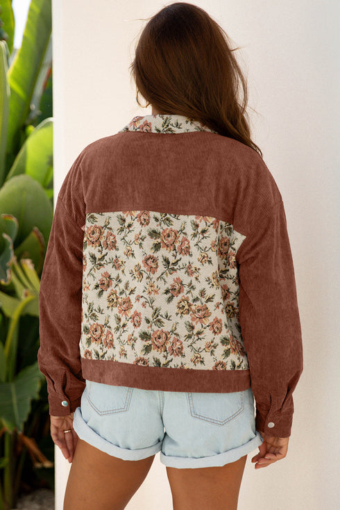Ribbed Retro Floral Patchwork Corduroy Shirt Jacket