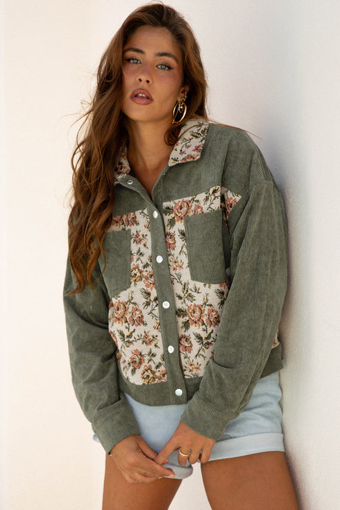 Ribbed Retro Floral Patchwork Corduroy Shirt Jacket