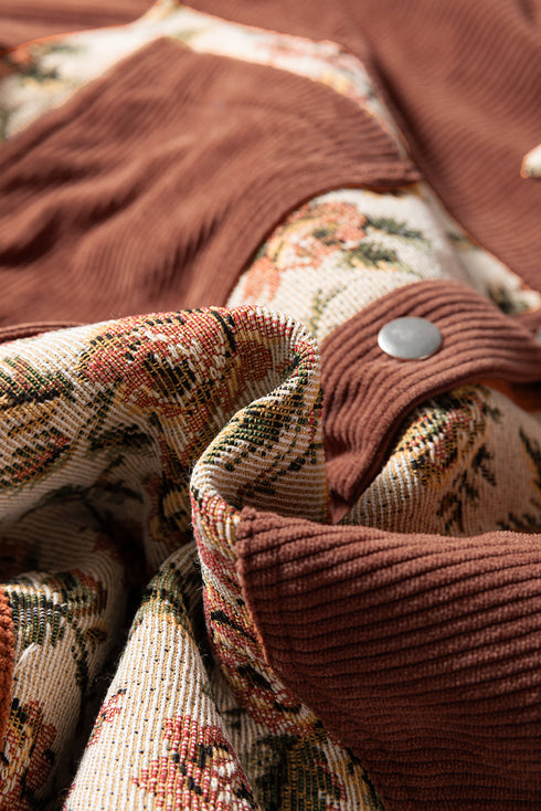 Ribbed Retro Floral Patchwork Corduroy Shirt Jacket