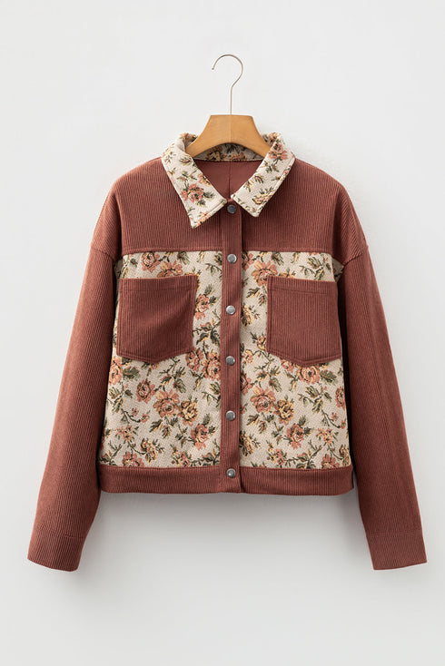 Ribbed Retro Floral Patchwork Corduroy Shirt Jacket