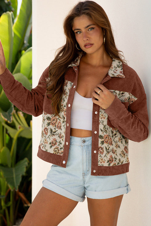Ribbed Retro Floral Patchwork Corduroy Shirt Jacket
