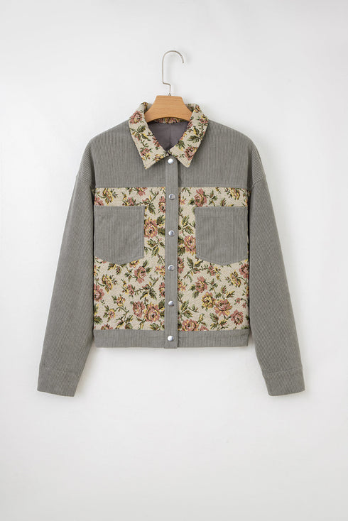 Ribbed Retro Floral Patchwork Corduroy Shirt Jacket
