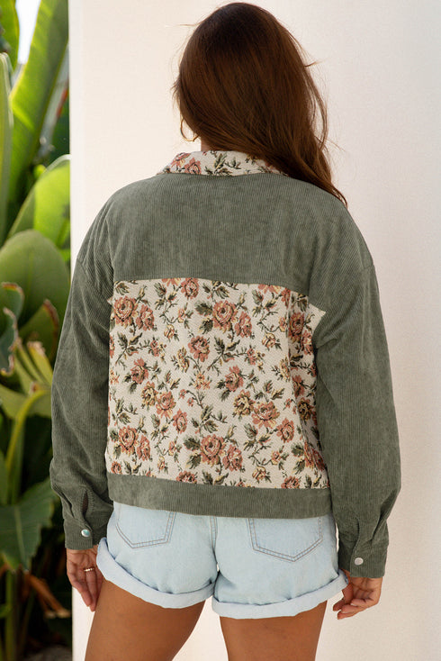Ribbed Retro Floral Patchwork Corduroy Shirt Jacket