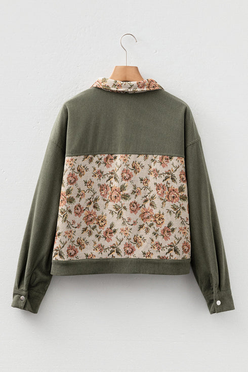 Ribbed Retro Floral Patchwork Corduroy Shirt Jacket