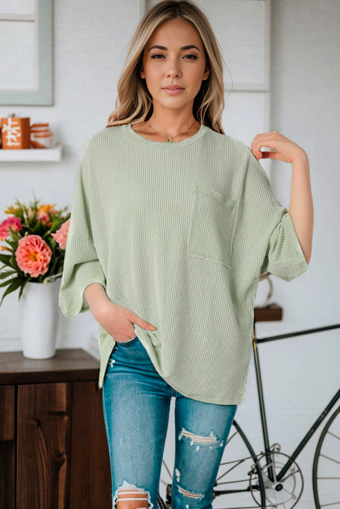 Ribbed Roll-tab Sleeve Chest Pocket Oversize Top