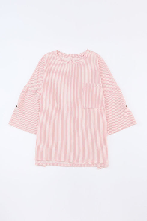 Ribbed Roll-tab Sleeve Chest Pocket Oversize Top
