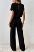 Ribbed Round Neckline Short Sleeve Wide Leg Pocketed Jumpsuit