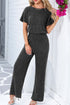Ribbed Round Neckline Short Sleeve Wide Leg Pocketed Jumpsuit