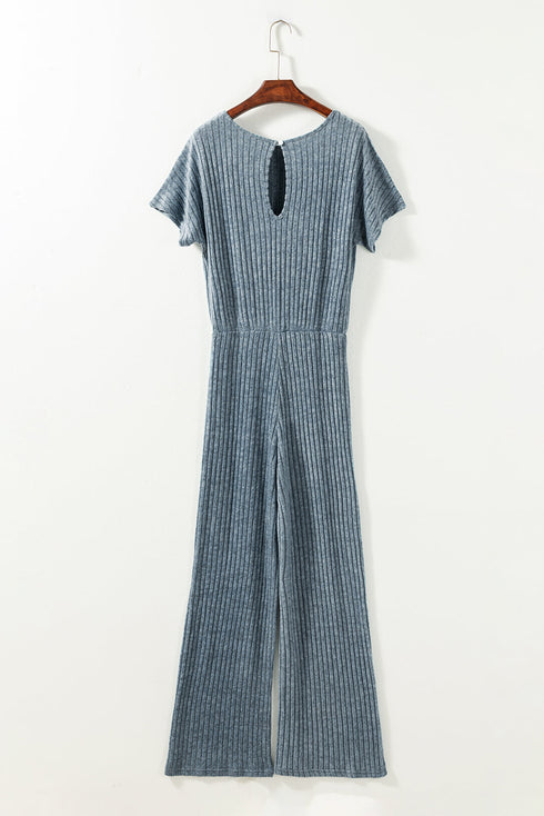 Ribbed Round Neckline Short Sleeve Wide Leg Pocketed Jumpsuit