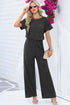 Ribbed Round Neckline Short Sleeve Wide Leg Pocketed Jumpsuit
