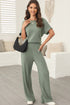 Ribbed Round Neckline Short Sleeve Wide Leg Pocketed Jumpsuit