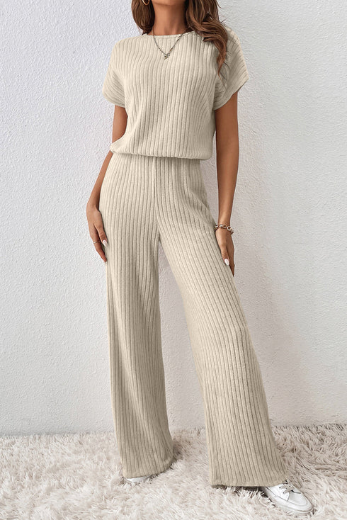 Ribbed Round Neckline Short Sleeve Wide Leg Pocketed Jumpsuit