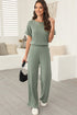 Ribbed Round Neckline Short Sleeve Wide Leg Pocketed Jumpsuit