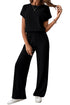Ribbed Round Neckline Short Sleeve Wide Leg Pocketed Jumpsuit