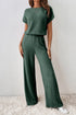 Ribbed Round Neckline Short Sleeve Wide Leg Pocketed Jumpsuit