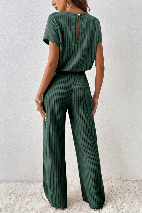 Ribbed Round Neckline Short Sleeve Wide Leg Pocketed Jumpsuit