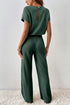 Ribbed Round Neckline Short Sleeve Wide Leg Pocketed Jumpsuit